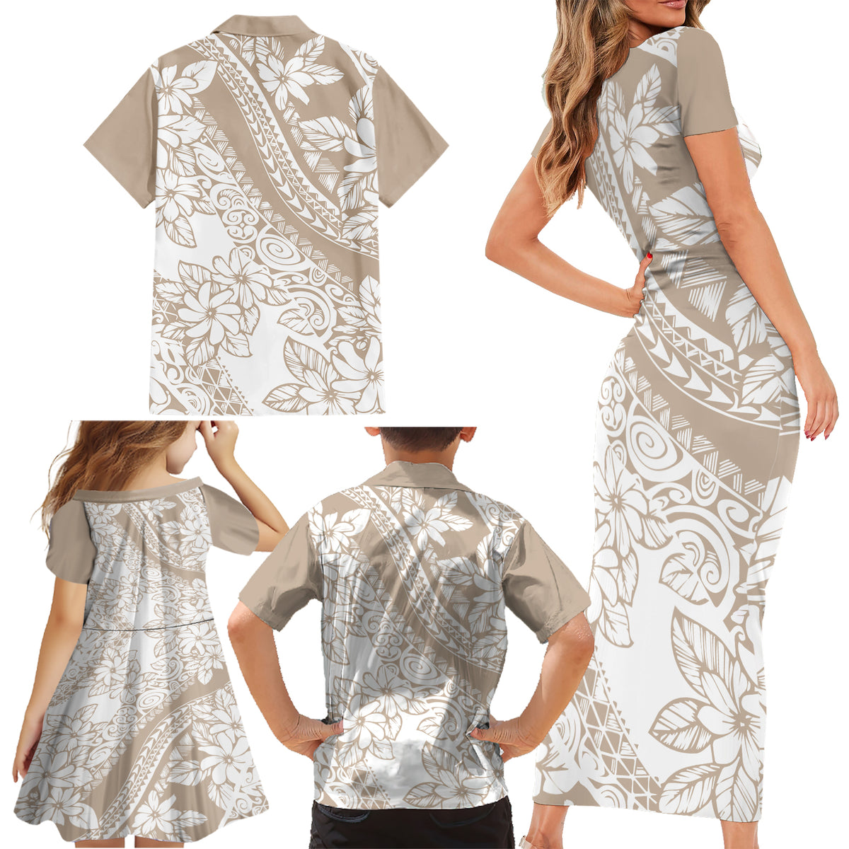 Polynesia Family Matching Short Sleeve Bodycon Dress and Hawaiian Shirt Polynesian Tropical Flowers Beige Pastel Vibes - Wonder Print Shop