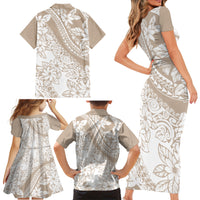 Polynesia Family Matching Short Sleeve Bodycon Dress and Hawaiian Shirt Polynesian Tropical Flowers Beige Pastel Vibes - Wonder Print Shop