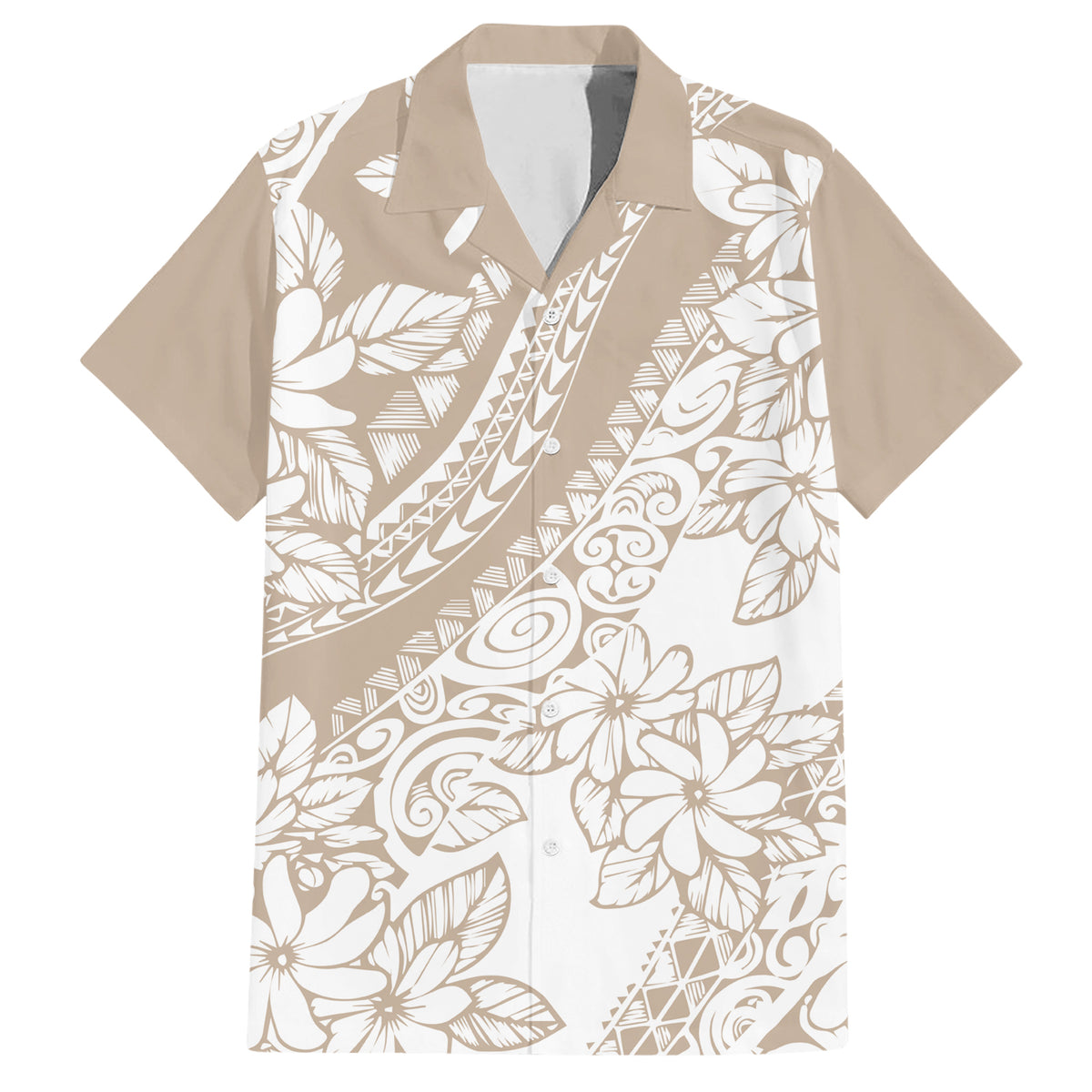 Polynesia Family Matching Short Sleeve Bodycon Dress and Hawaiian Shirt Polynesian Tropical Flowers Beige Pastel Vibes - Wonder Print Shop