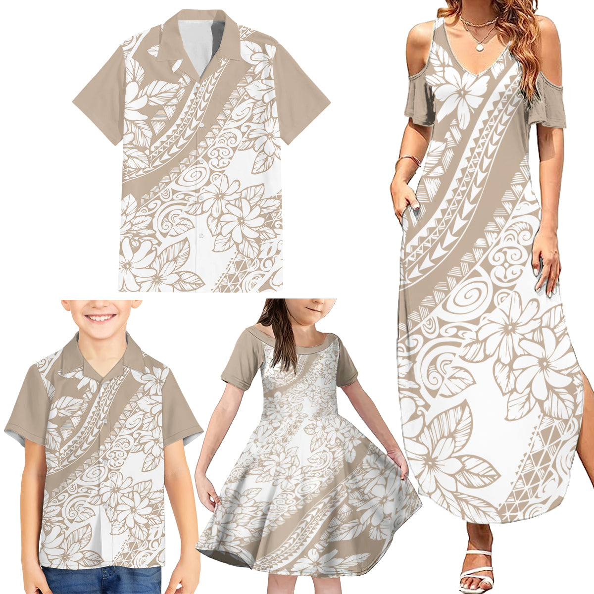 Polynesia Family Matching Summer Maxi Dress and Hawaiian Shirt Polynesian Tropical Flowers Beige Pastel Vibes - Wonder Print Shop
