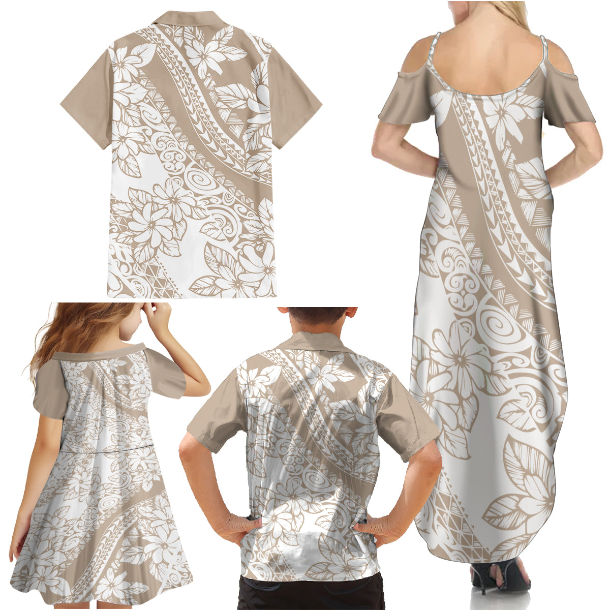 Polynesia Family Matching Summer Maxi Dress and Hawaiian Shirt Polynesian Tropical Flowers Beige Pastel Vibes - Wonder Print Shop