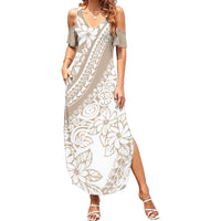 Polynesia Family Matching Summer Maxi Dress and Hawaiian Shirt Polynesian Tropical Flowers Beige Pastel Vibes - Wonder Print Shop