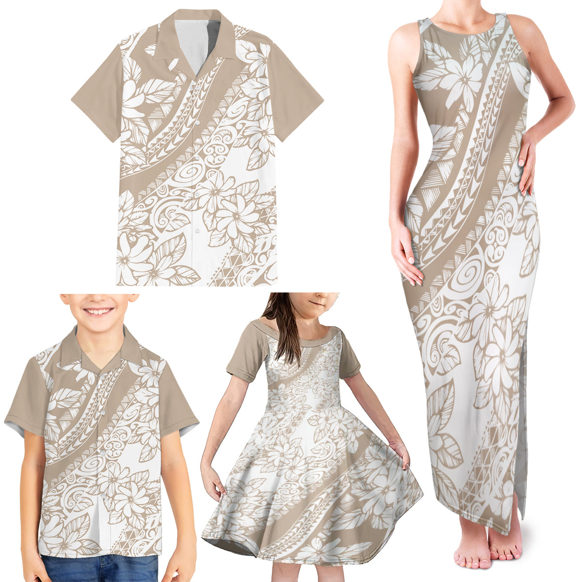 Polynesia Family Matching Tank Maxi Dress and Hawaiian Shirt Polynesian Tropical Flowers Beige Pastel Vibes - Wonder Print Shop