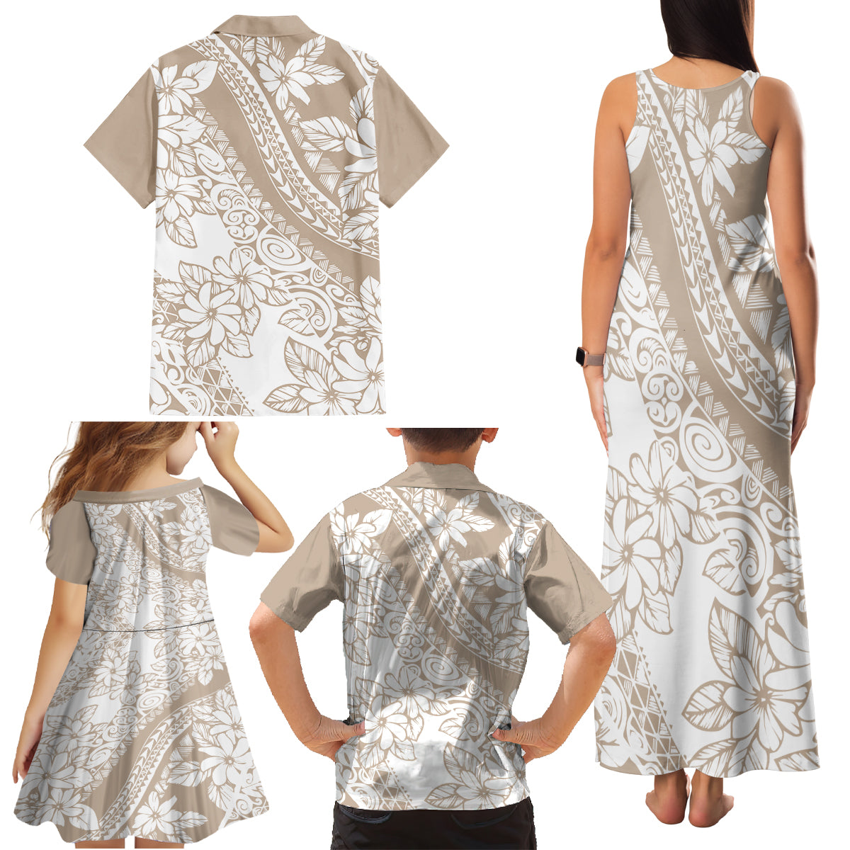 Polynesia Family Matching Tank Maxi Dress and Hawaiian Shirt Polynesian Tropical Flowers Beige Pastel Vibes - Wonder Print Shop