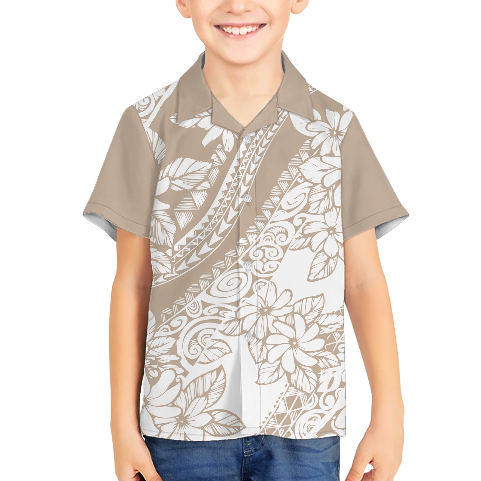 Polynesia Kid Hawaiian Shirt Polynesian Tropical Flowers Beige Pastel Vibes - Wonder Print Shop