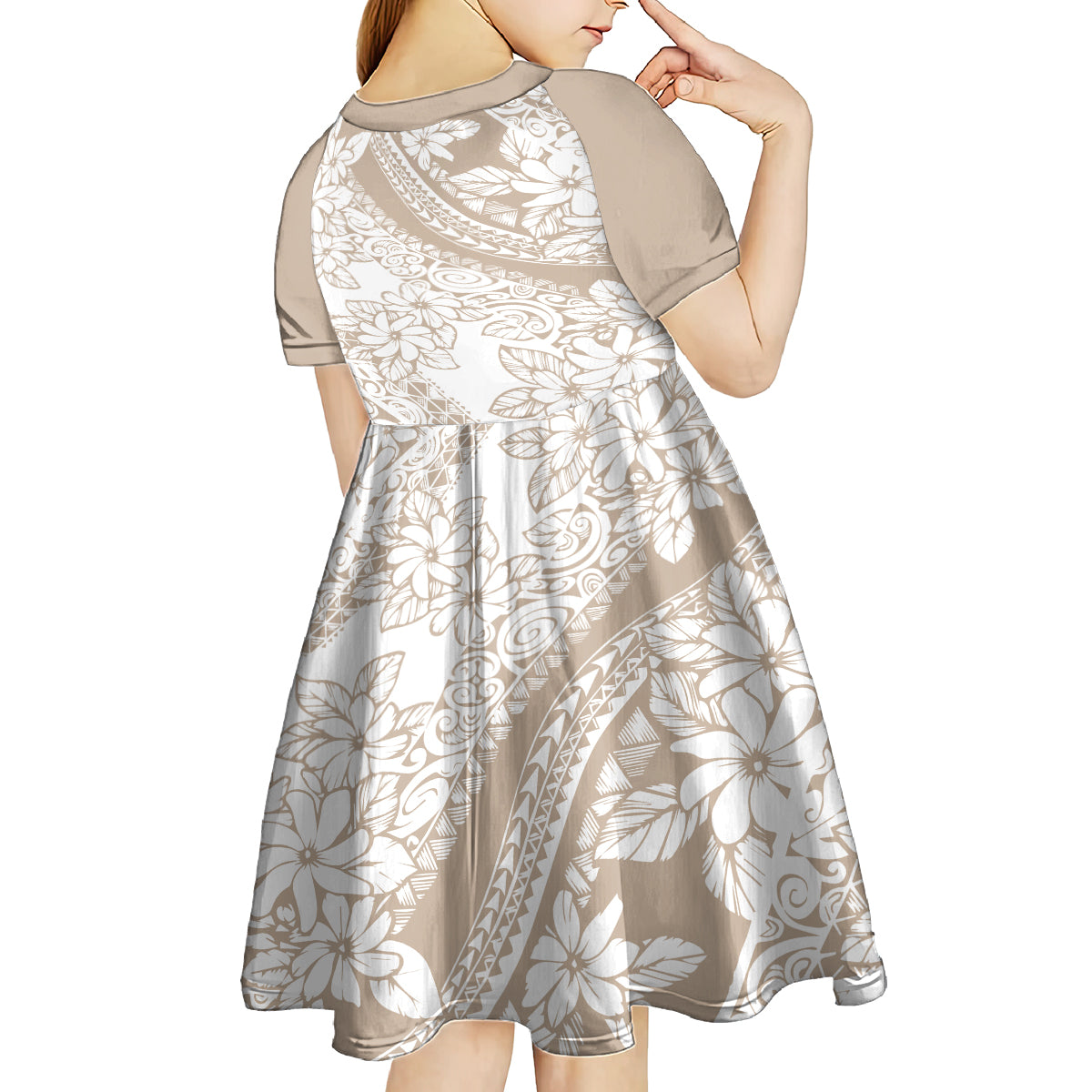 Polynesia Kid Short Sleeve Dress Polynesian Tropical Flowers Beige Pastel Vibes - Wonder Print Shop