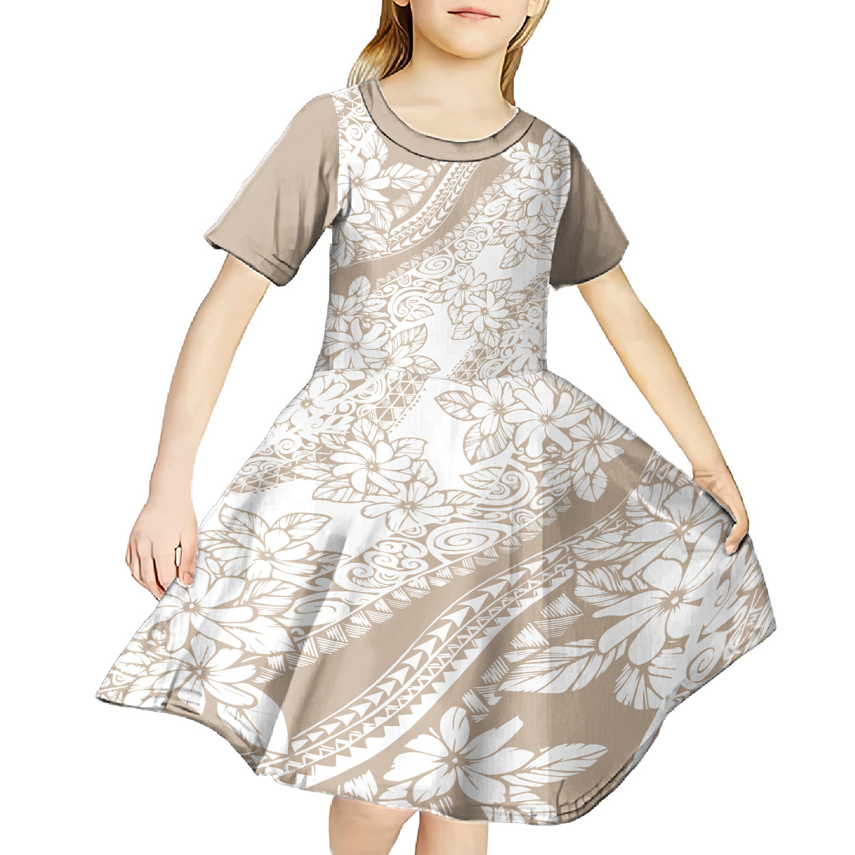 Polynesia Kid Short Sleeve Dress Polynesian Tropical Flowers Beige Pastel Vibes - Wonder Print Shop