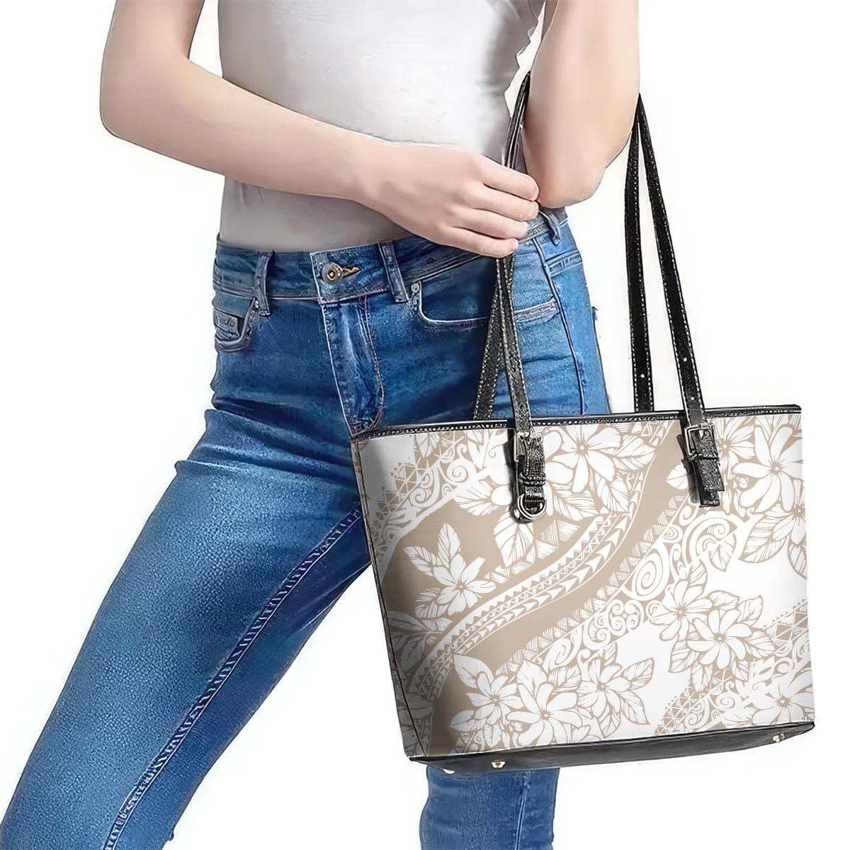 Polynesia Leather Tote Bag Polynesian Tropical Flowers Begie Pastel Vibes - Wonder Print Shop