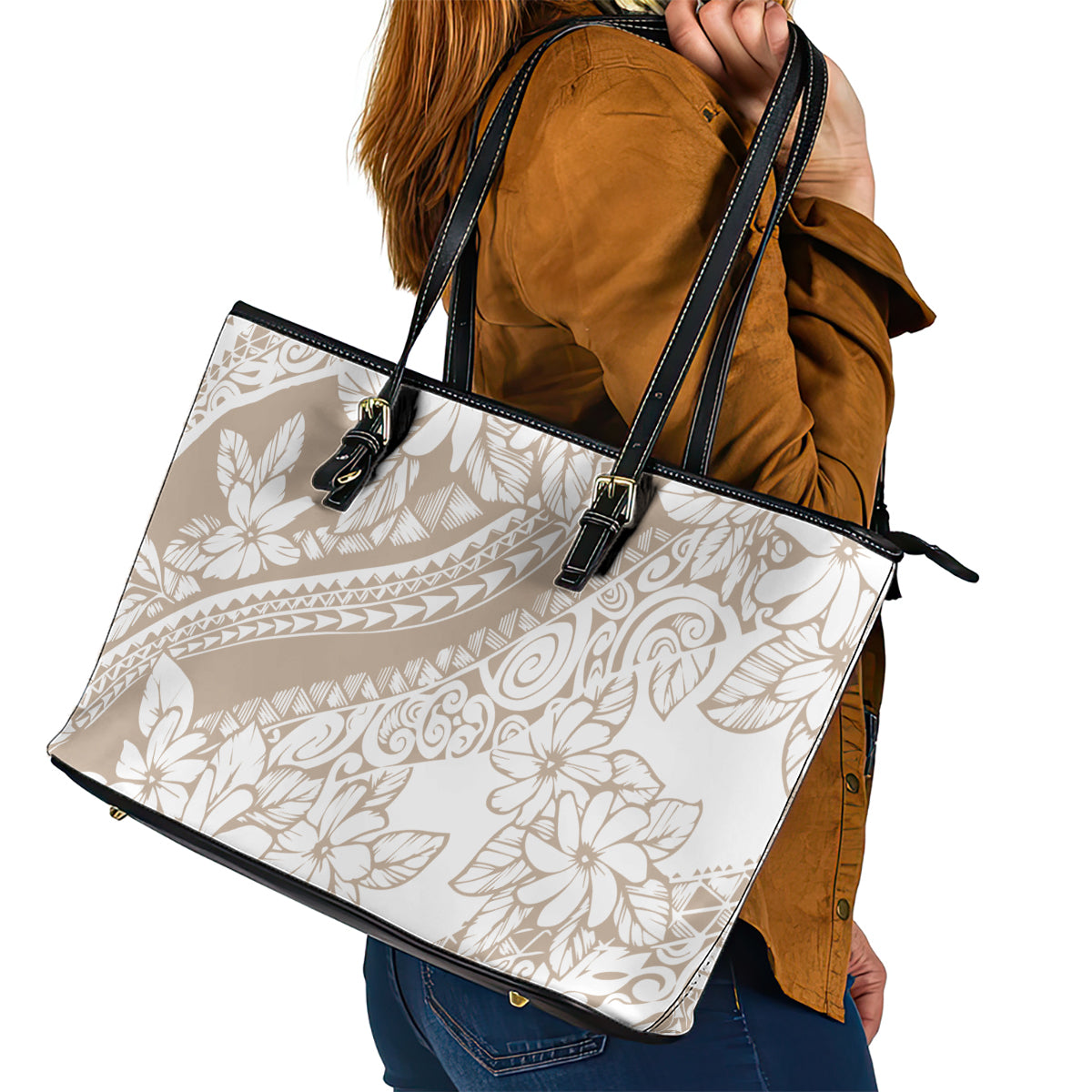 Polynesia Leather Tote Bag Polynesian Tropical Flowers Begie Pastel Vibes - Wonder Print Shop