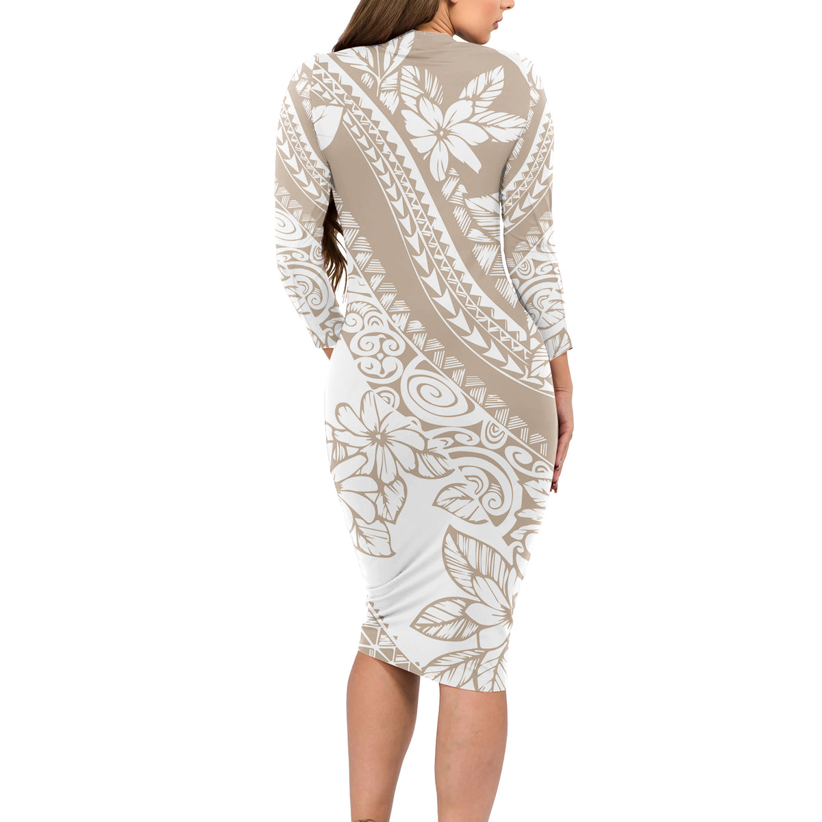 Polynesia Long Sleeve Bodycon Dress Polynesian Tropical Flowers Beige Pastel Vibes - Wonder Print Shop