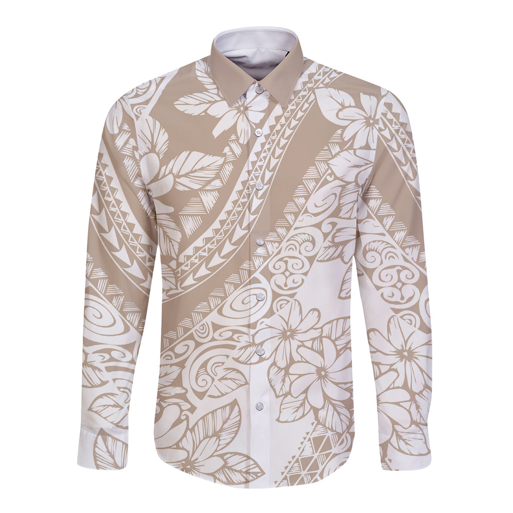 Polynesia Long Sleeve Button Shirt Polynesian Tropical Flowers Beige Pastel Vibes - Wonder Print Shop
