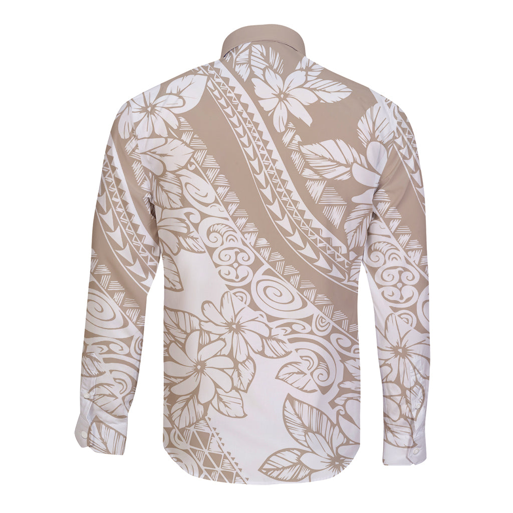 Polynesia Long Sleeve Button Shirt Polynesian Tropical Flowers Beige Pastel Vibes - Wonder Print Shop