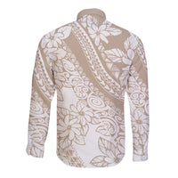 Polynesia Long Sleeve Button Shirt Polynesian Tropical Flowers Beige Pastel Vibes - Wonder Print Shop