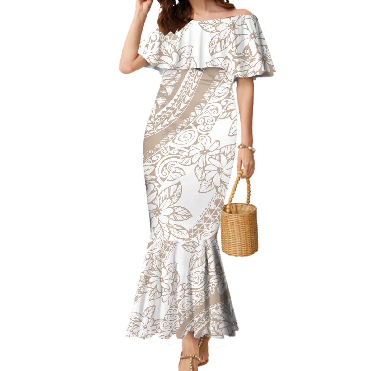 Polynesia Mermaid Dress Polynesian Tropical Flowers Beige Pastel Vibes - Wonder Print Shop