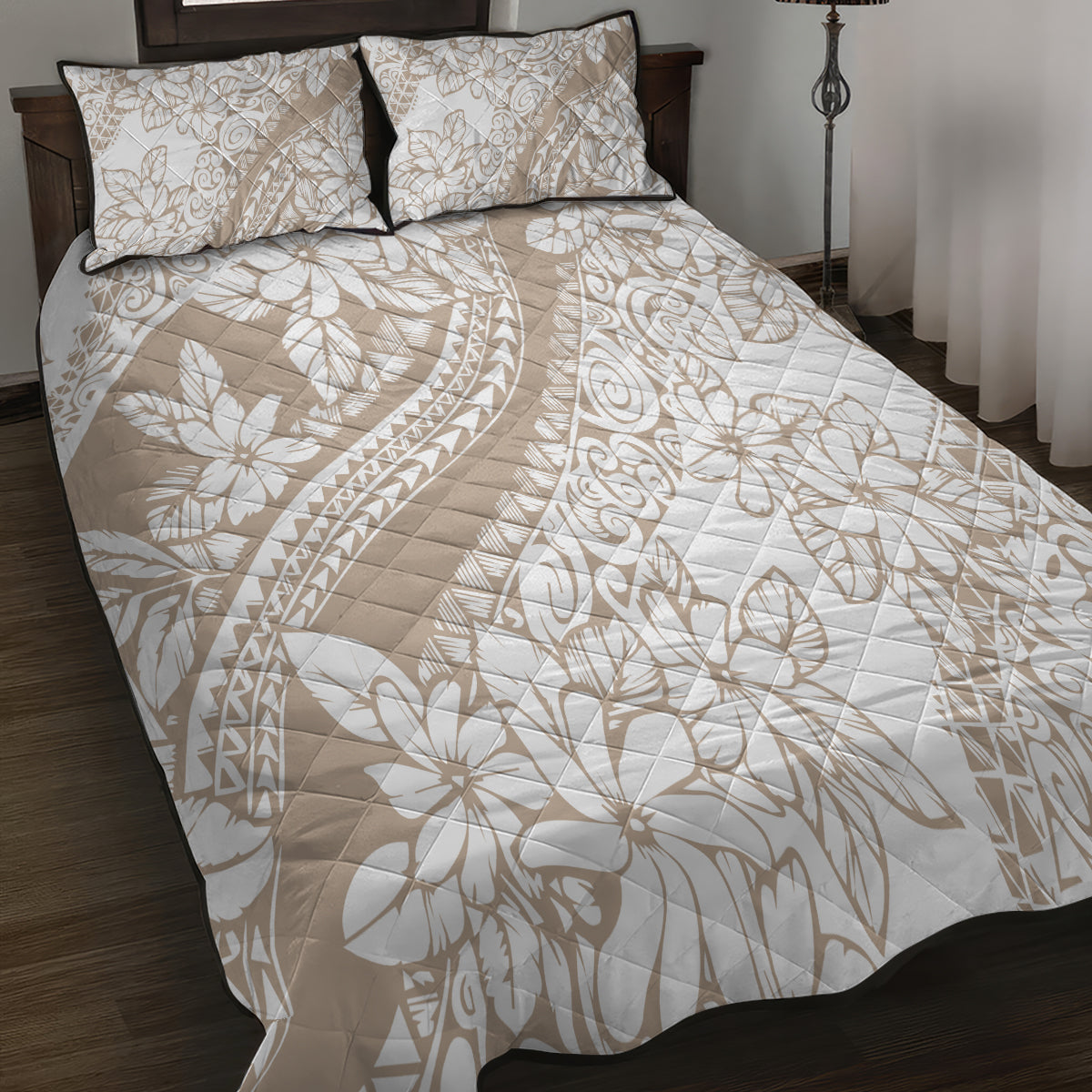 Polynesia Quilt Bed Set Polynesian Tropical Flowers Begie Pastel Vibes - Wonder Print Shop
