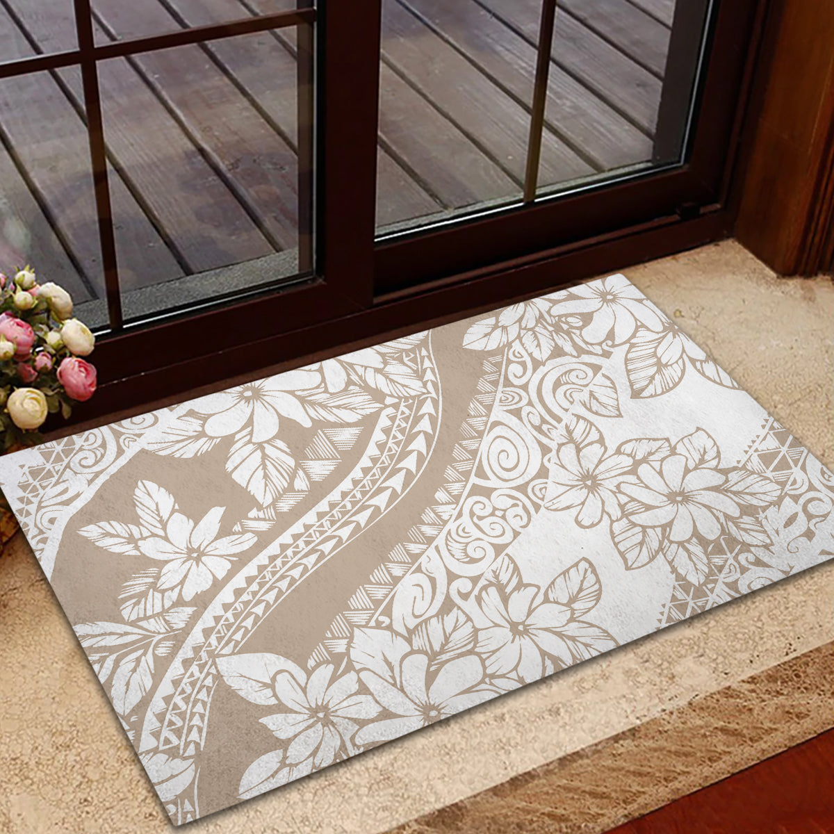 Polynesia Rubber Doormat Polynesian Tropical Flowers Begie Pastel Vibes - Wonder Print Shop