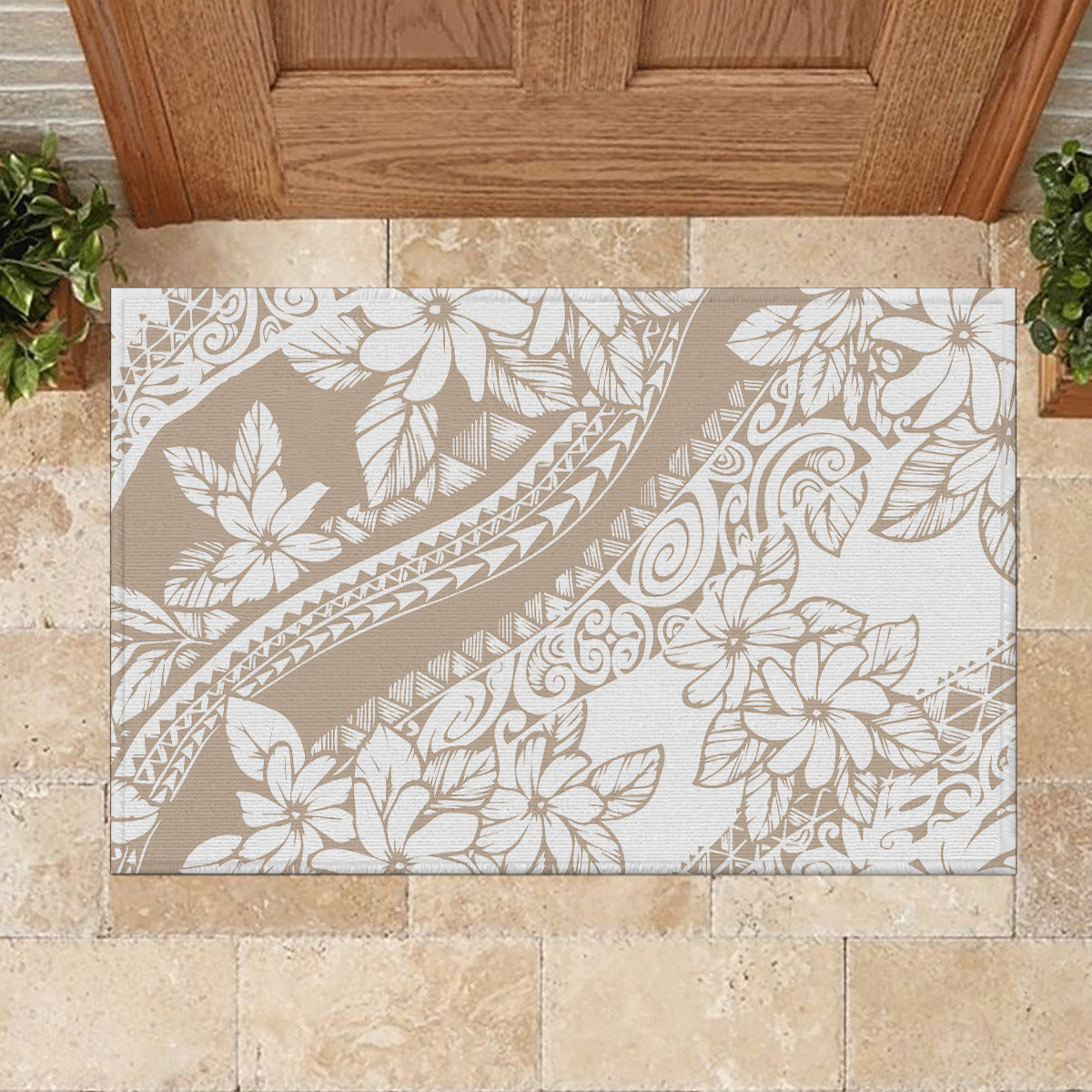 Polynesia Rubber Doormat Polynesian Tropical Flowers Begie Pastel Vibes - Wonder Print Shop