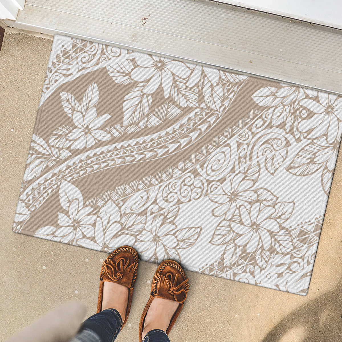 Polynesia Rubber Doormat Polynesian Tropical Flowers Begie Pastel Vibes - Wonder Print Shop