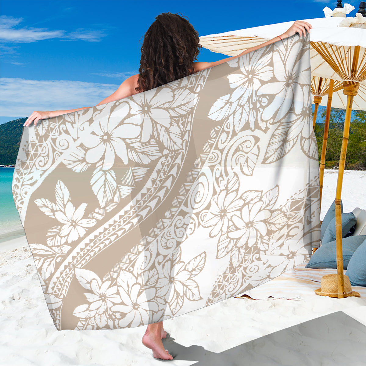 Polynesia Sarong Polynesian Tropical Flowers Begie Pastel Vibes - Wonder Print Shop