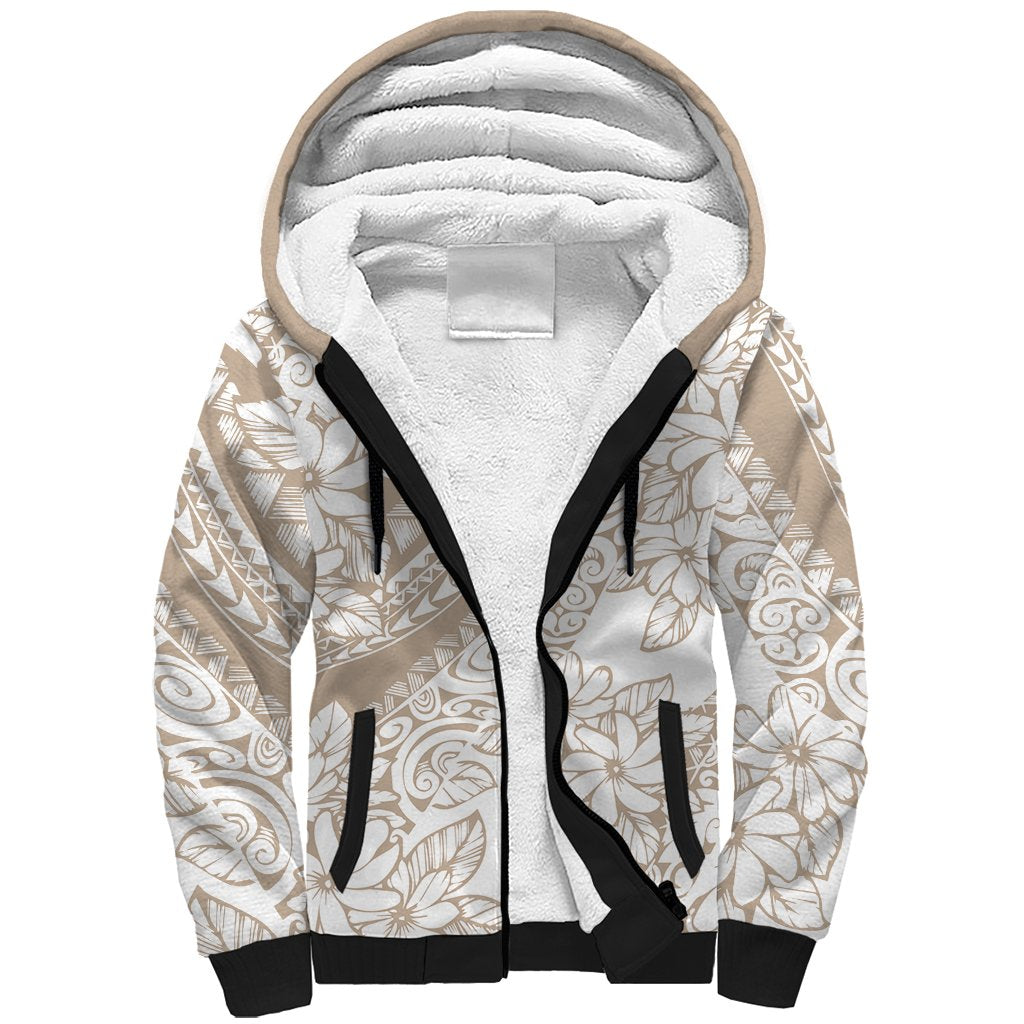 Polynesia Sherpa Hoodie Polynesian Tropical Flowers Beige Pastel Vibes - Wonder Print Shop