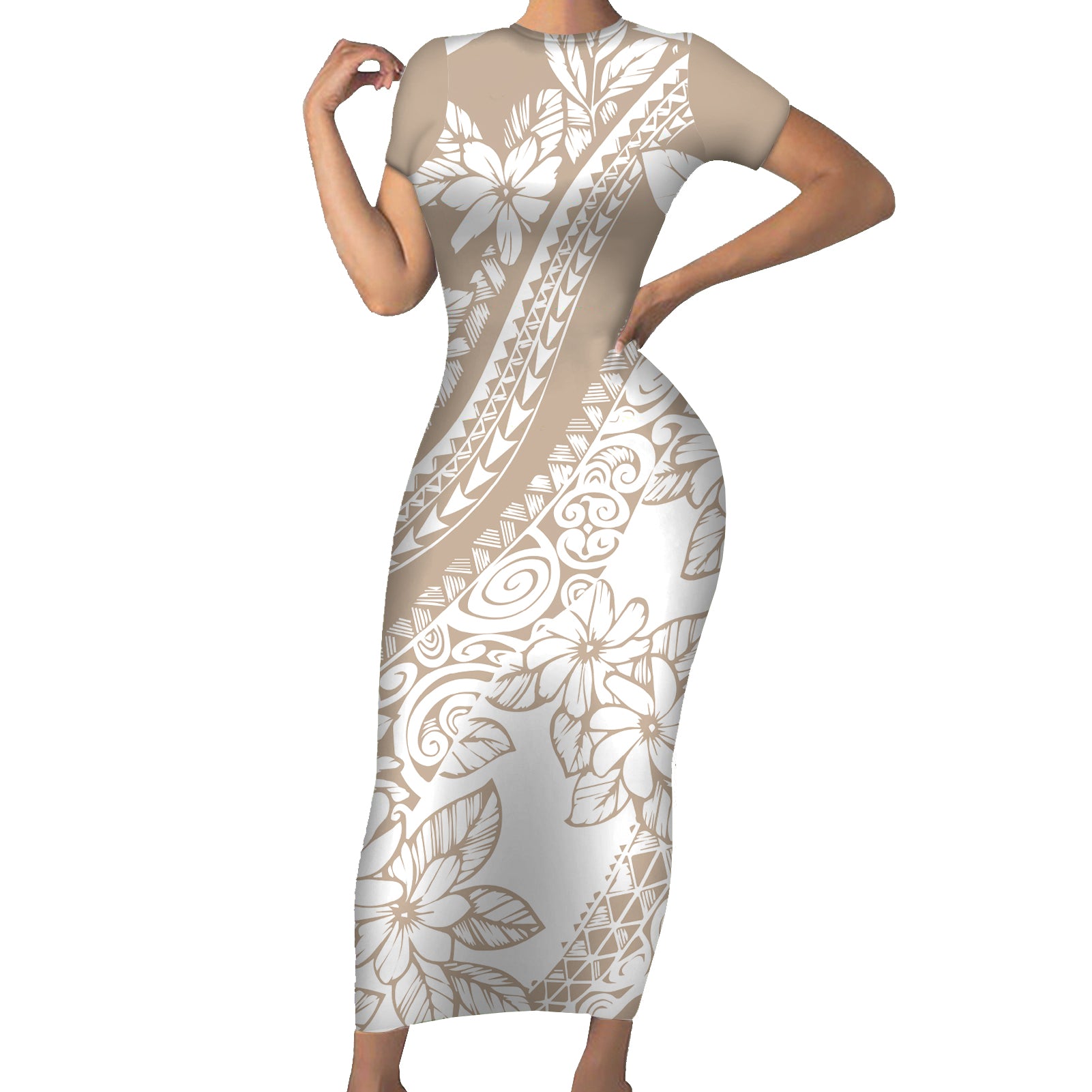 Polynesia Short Sleeve Bodycon Dress Polynesian Tropical Flowers Beige Pastel Vibes - Wonder Print Shop
