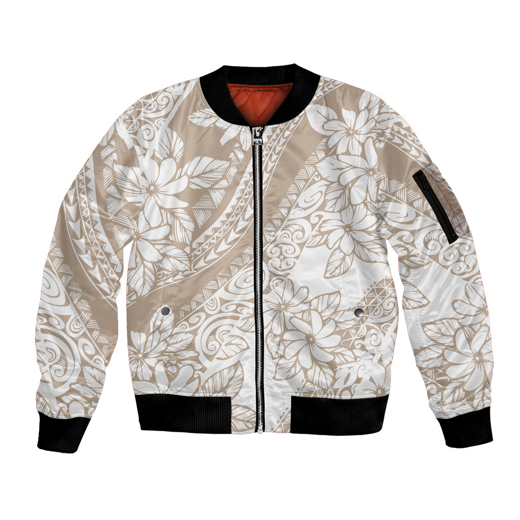 Polynesia Sleeve Zip Bomber Jacket Polynesian Tropical Flowers Beige Pastel Vibes - Wonder Print Shop