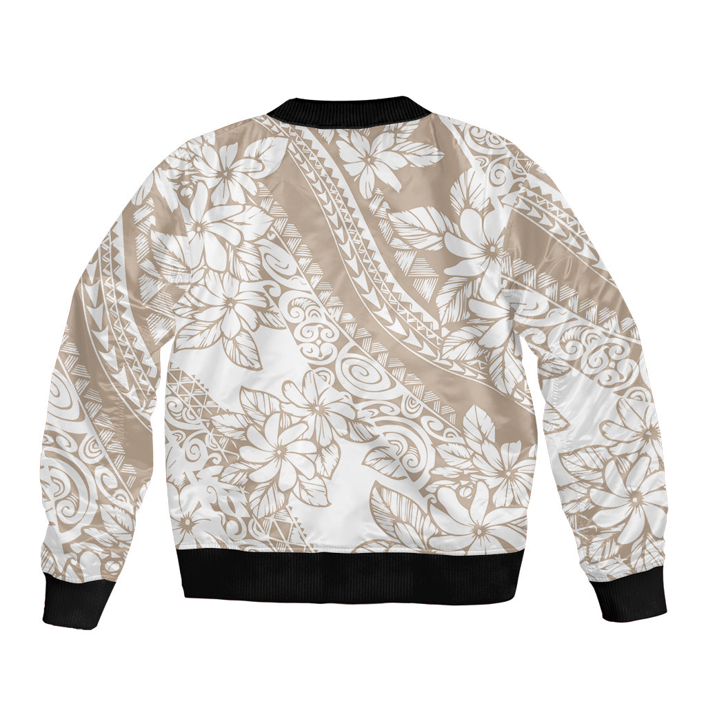 Polynesia Sleeve Zip Bomber Jacket Polynesian Tropical Flowers Beige Pastel Vibes - Wonder Print Shop