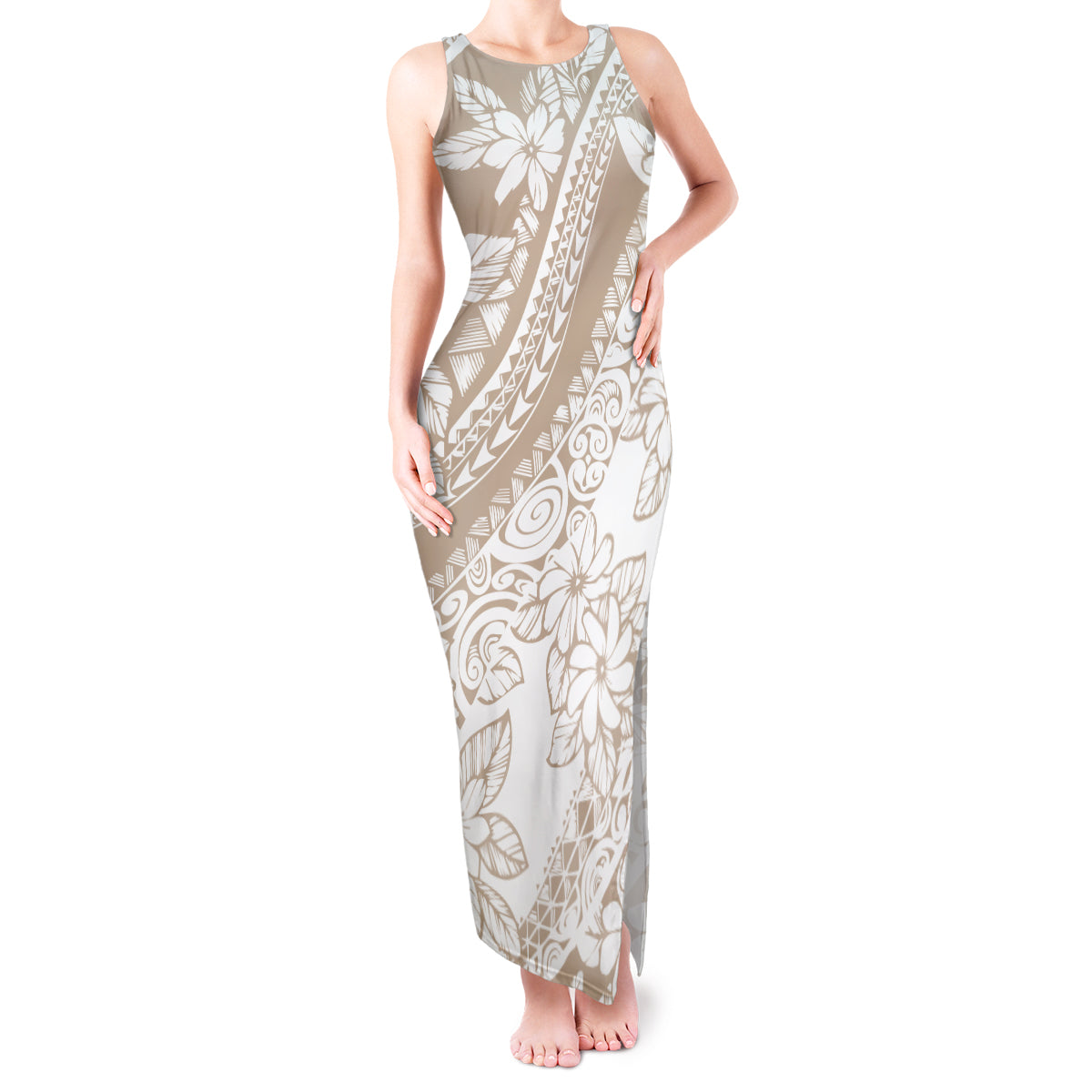 Polynesia Tank Maxi Dress Polynesian Tropical Flowers Beige Pastel Vibes - Wonder Print Shop