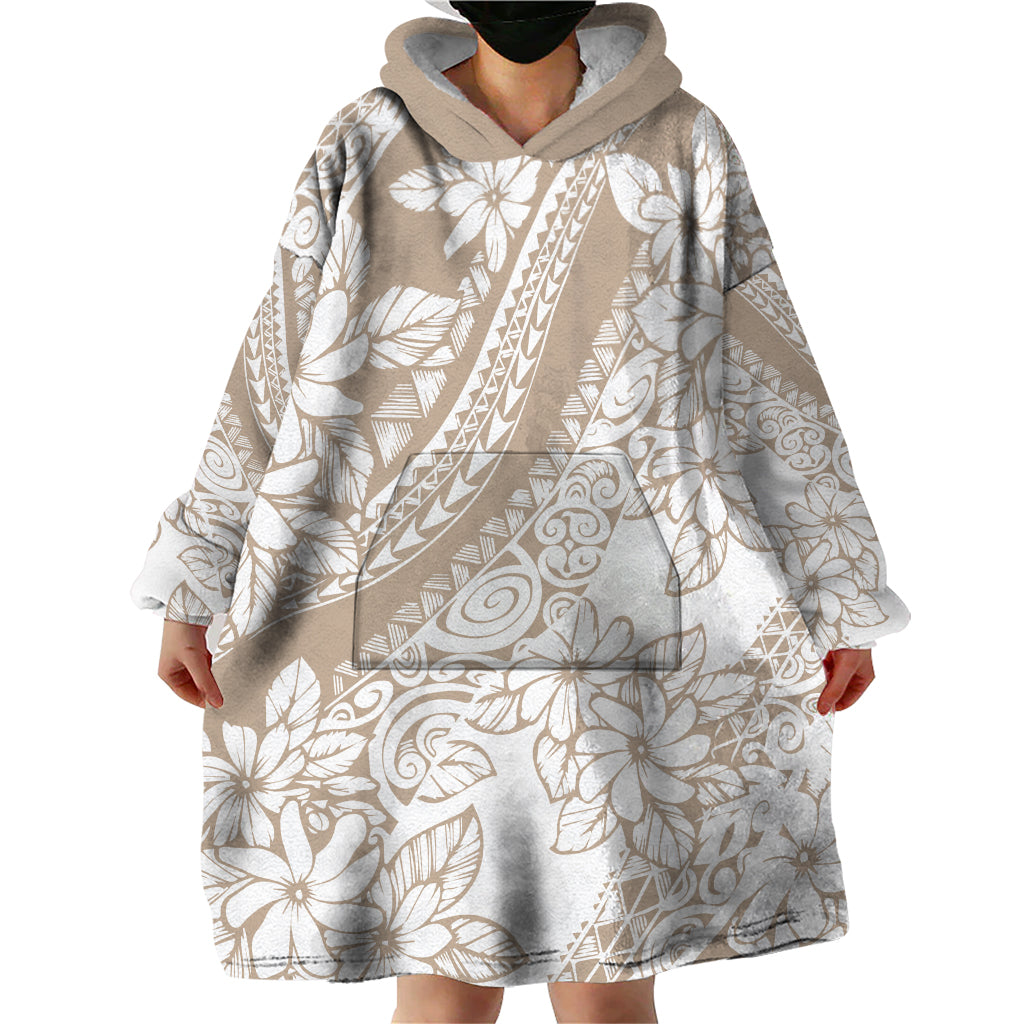 Polynesia Wearable Blanket Hoodie Polynesian Tropical Flowers Beige Pastel Vibes - Wonder Print Shop