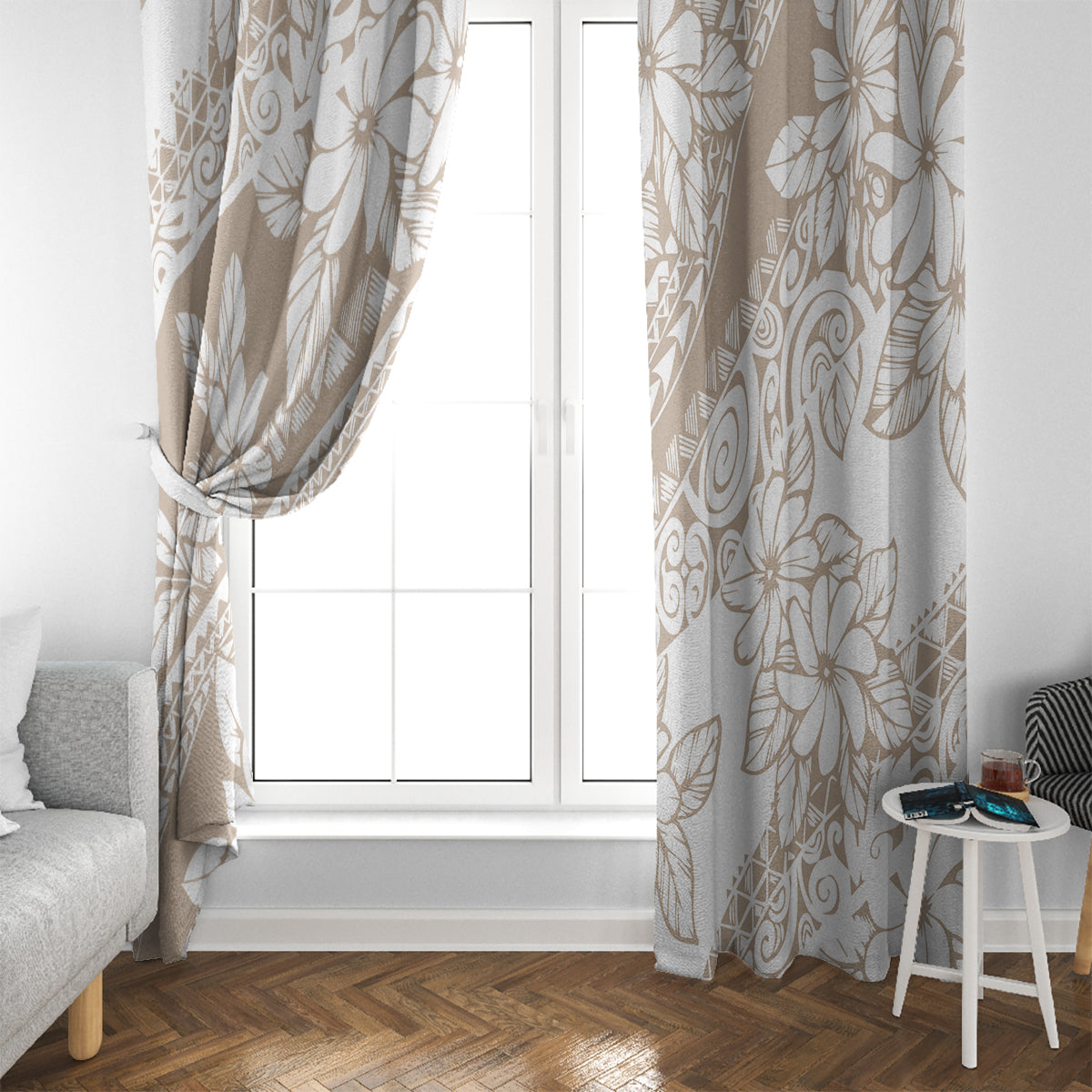 Polynesia Window Curtain Polynesian Tropical Flowers Begie Pastel Vibes - Wonder Print Shop