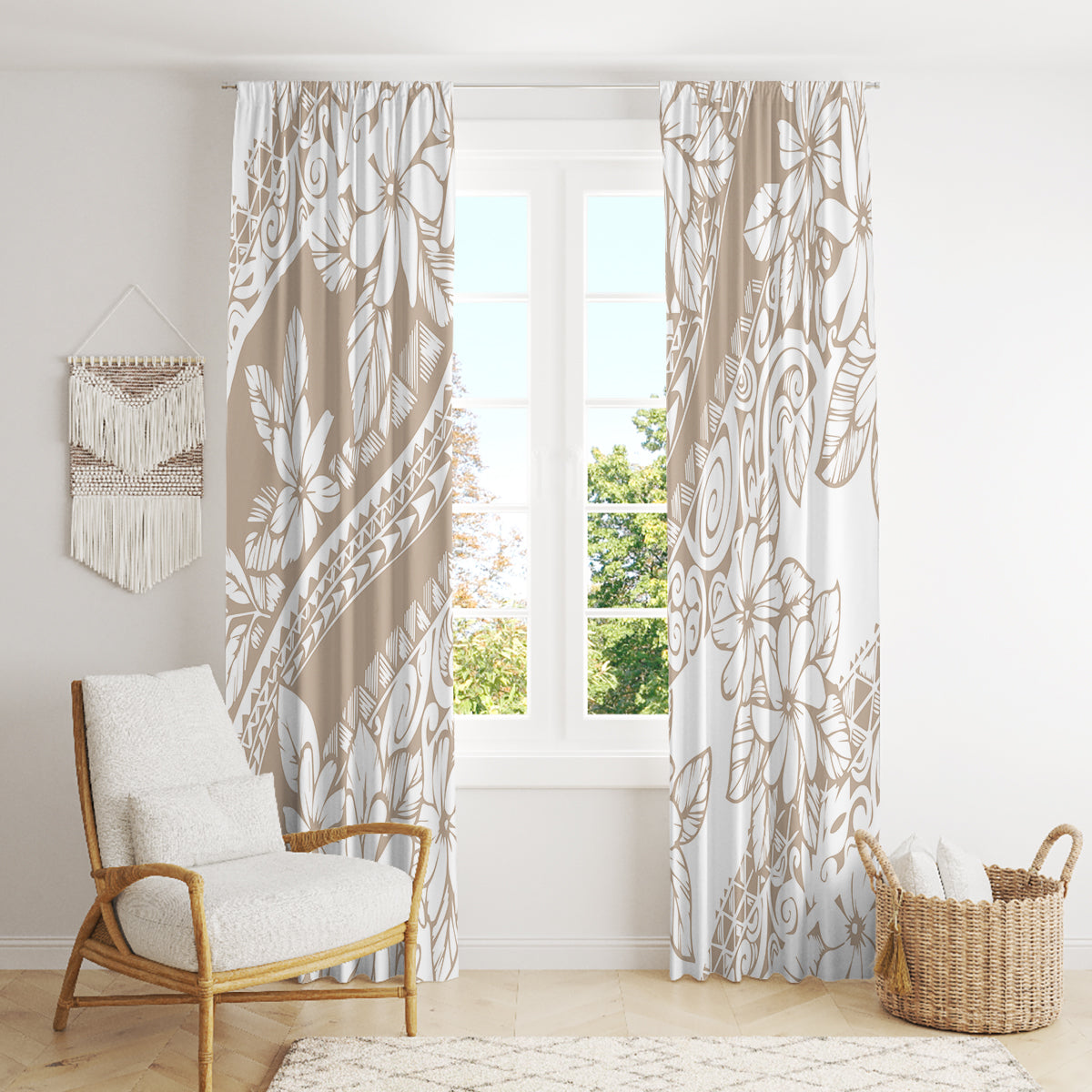 Polynesia Window Curtain Polynesian Tropical Flowers Begie Pastel Vibes - Wonder Print Shop
