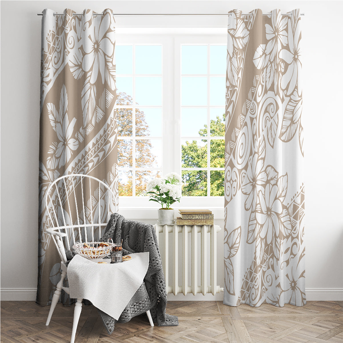 Polynesia Window Curtain Polynesian Tropical Flowers Begie Pastel Vibes - Wonder Print Shop