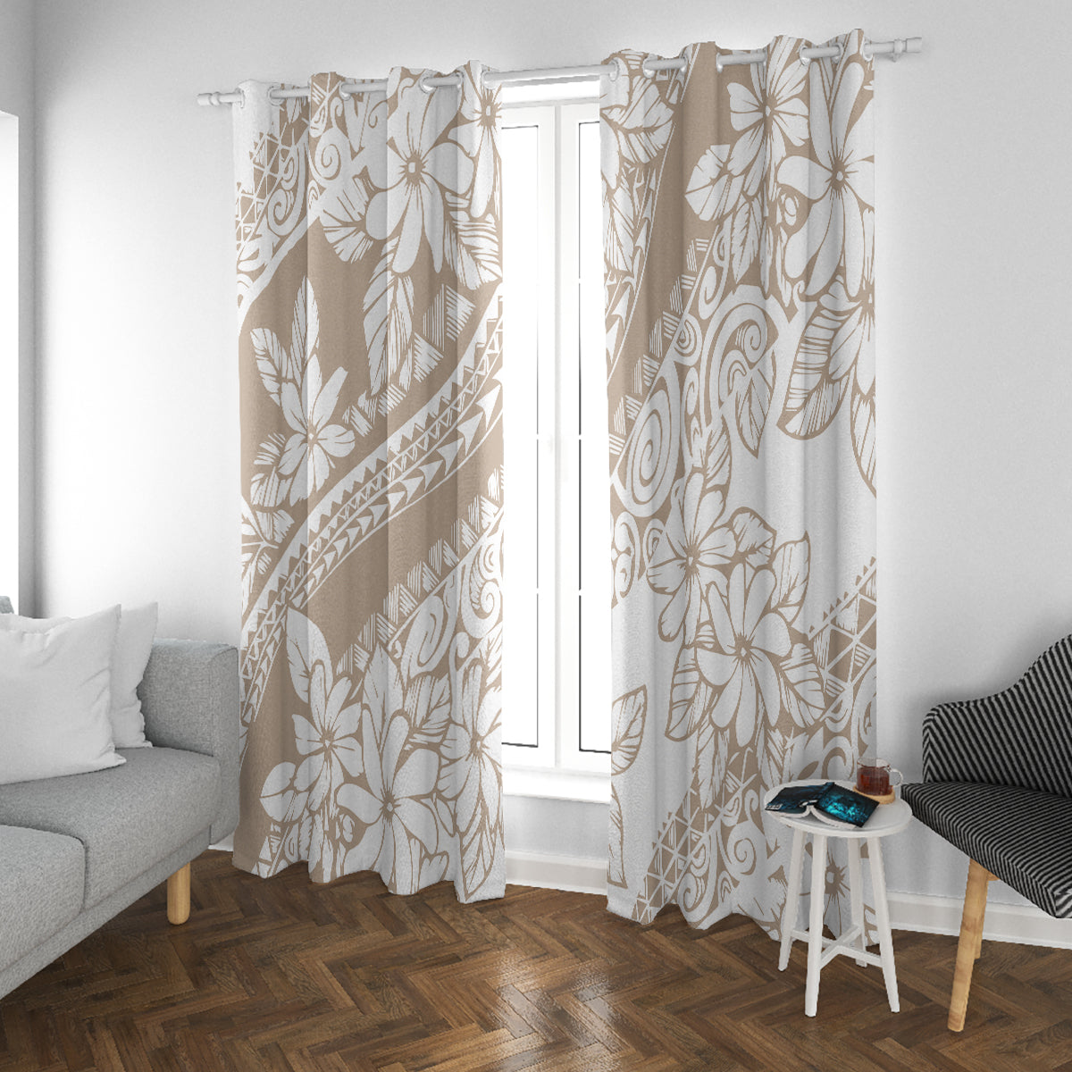 Polynesia Window Curtain Polynesian Tropical Flowers Begie Pastel Vibes - Wonder Print Shop