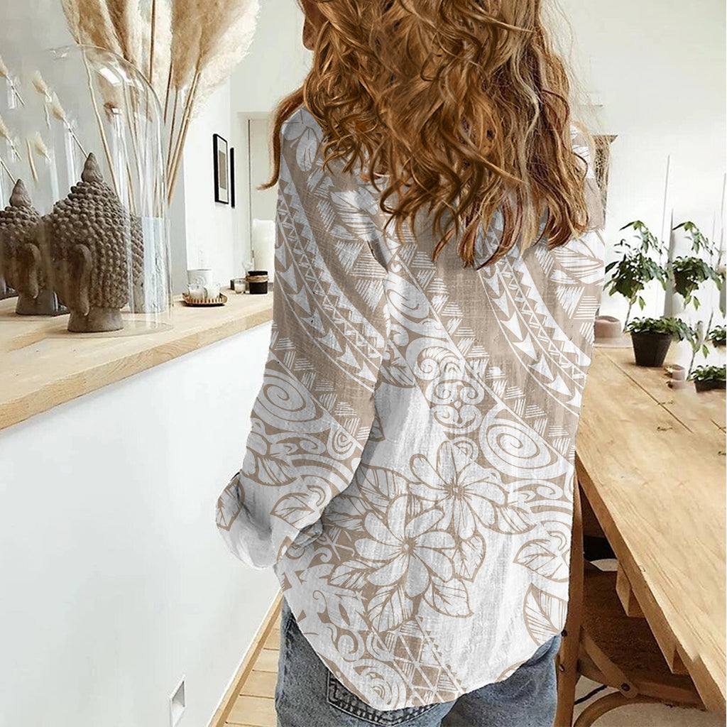 Polynesia Women Casual Shirt Polynesian Tropical Flowers Beige Pastel Vibes - Wonder Print Shop