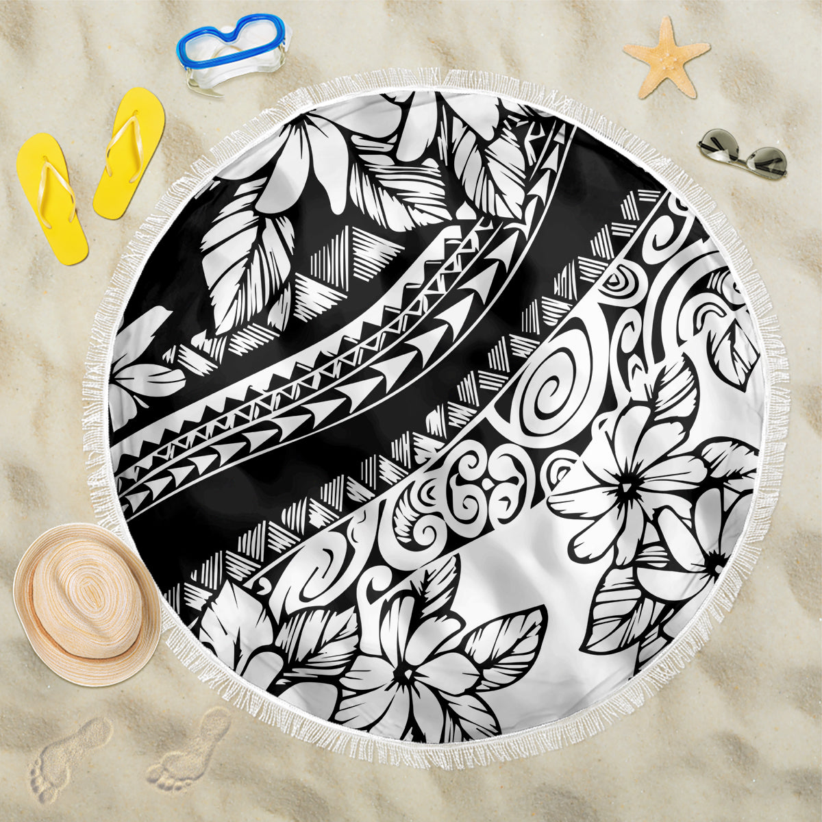 Polynesia Beach Blanket Polynesian Tropical Flowers Black Pastel Vibes - Wonder Print Shop