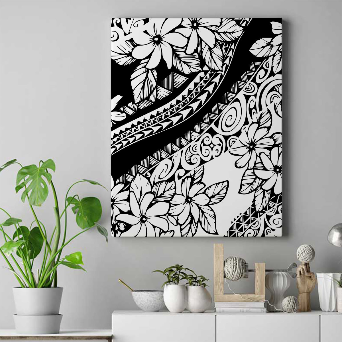 Polynesia Canvas Wall Art Polynesian Tropical Flowers Black Pastel Vibes - Wonder Print Shop