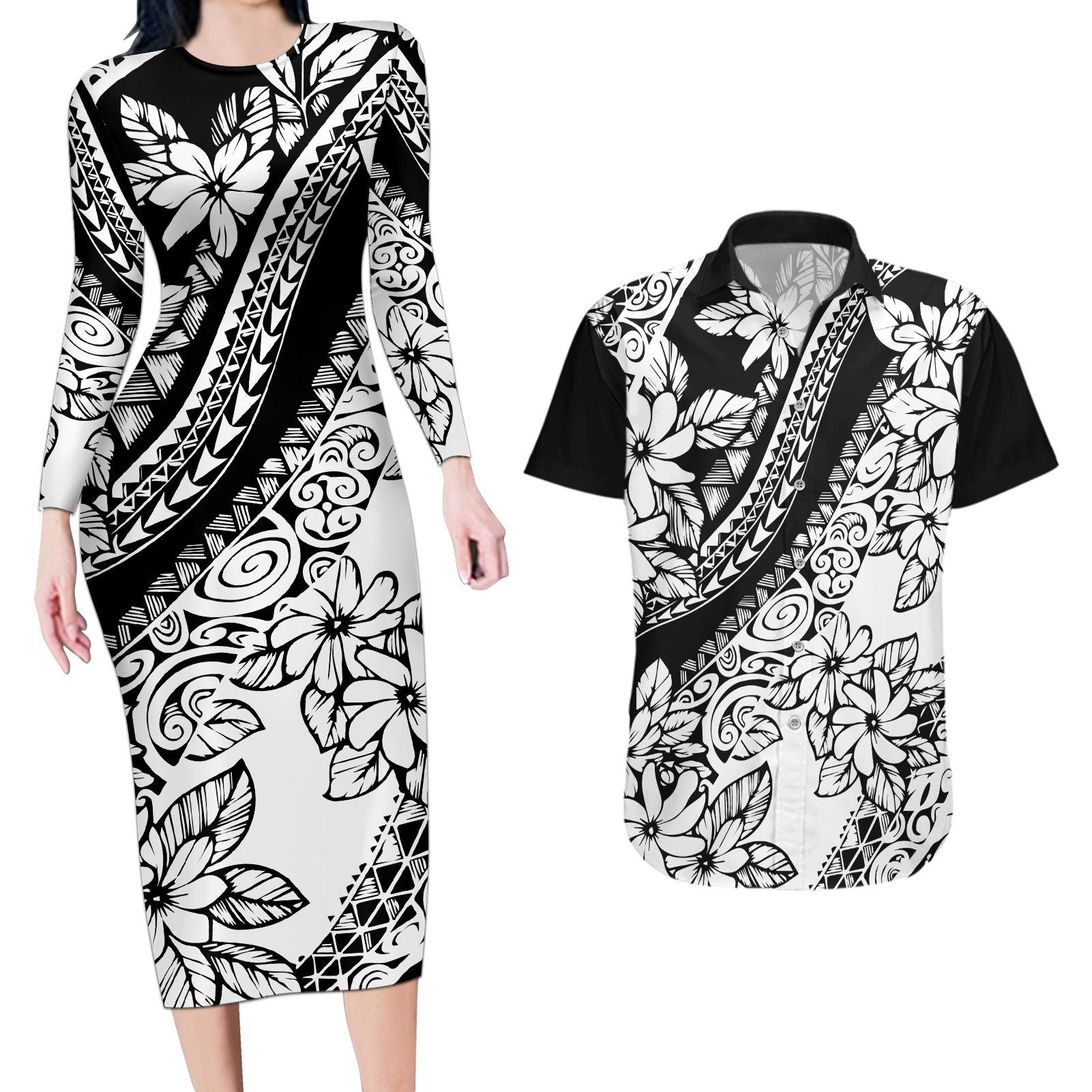 Polynesia Couples Matching Long Sleeve Bodycon Dress and Hawaiian Shirt Polynesian Tropical Flowers Black Pastel Vibes - Wonder Print Shop