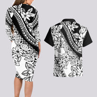 Polynesia Couples Matching Long Sleeve Bodycon Dress and Hawaiian Shirt Polynesian Tropical Flowers Black Pastel Vibes - Wonder Print Shop