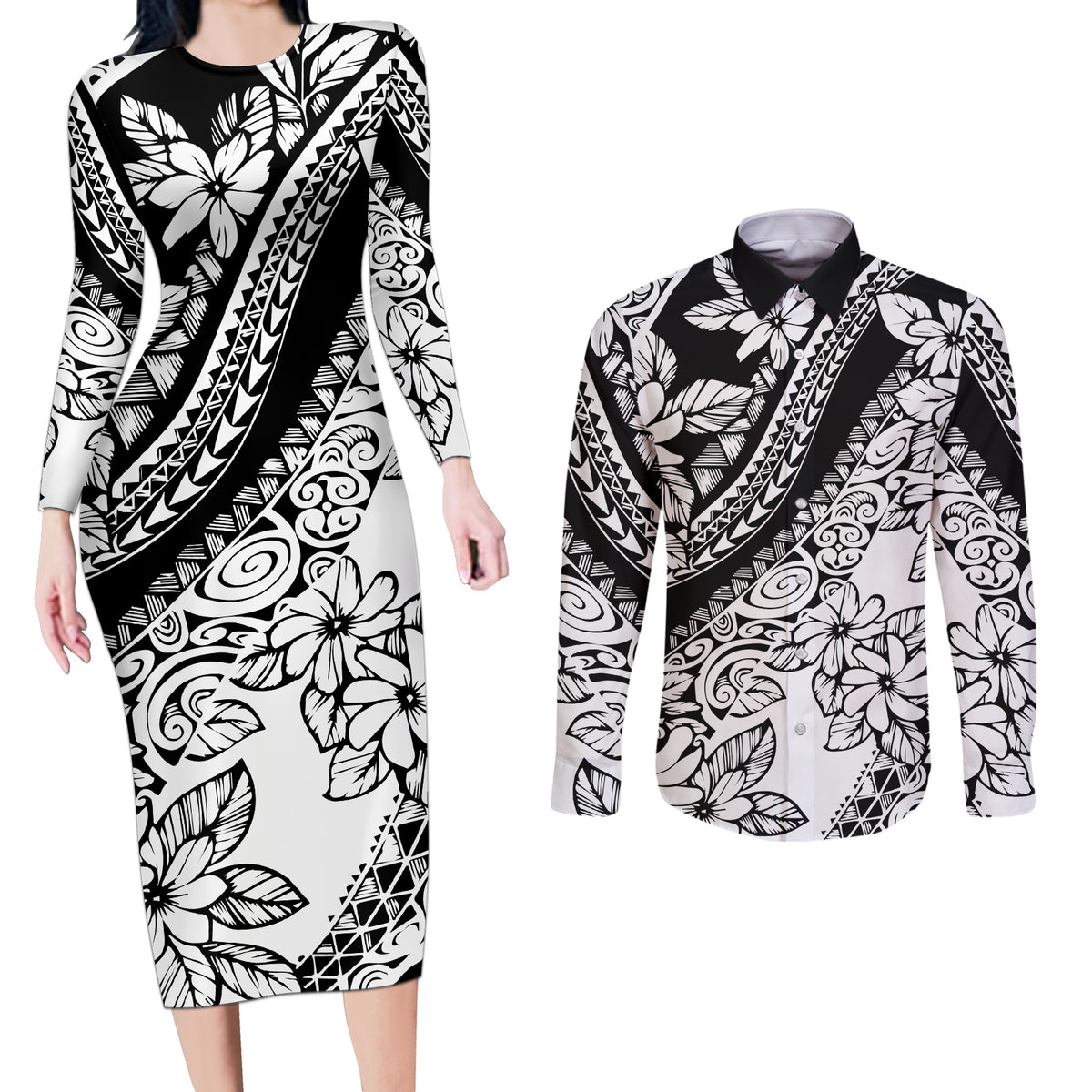 Polynesia Couples Matching Long Sleeve Bodycon Dress and Long Sleeve Button Shirts Polynesian Tropical Flowers Black Pastel Vibes - Wonder Print Shop