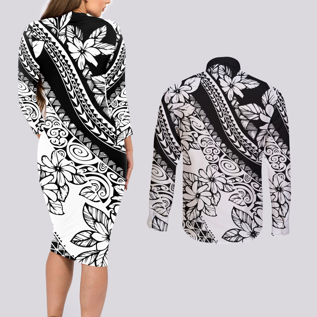 Polynesia Couples Matching Long Sleeve Bodycon Dress and Long Sleeve Button Shirts Polynesian Tropical Flowers Black Pastel Vibes - Wonder Print Shop