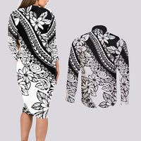 Polynesia Couples Matching Long Sleeve Bodycon Dress and Long Sleeve Button Shirts Polynesian Tropical Flowers Black Pastel Vibes - Wonder Print Shop