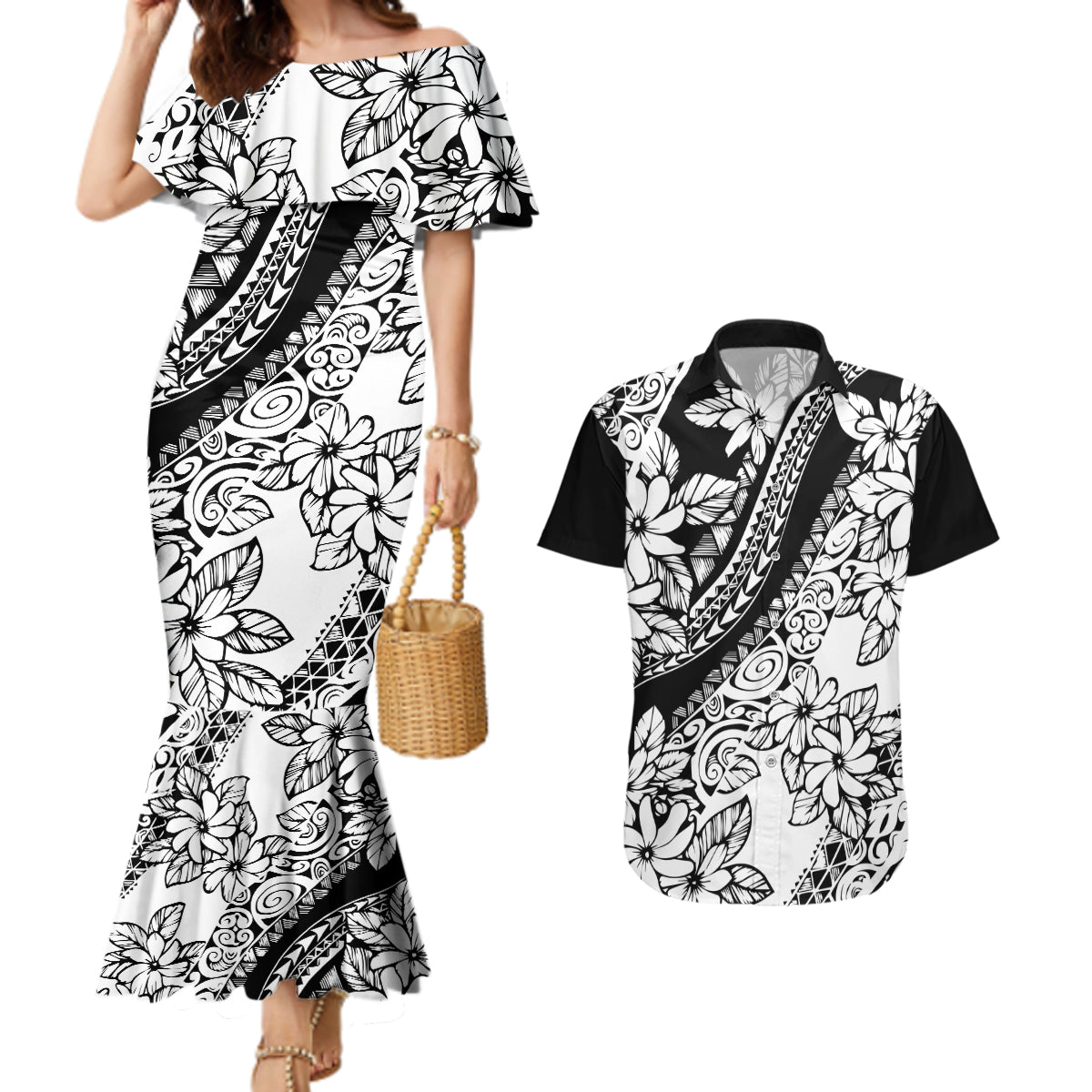 Polynesia Couples Matching Mermaid Dress and Hawaiian Shirt Polynesian Tropical Flowers Black Pastel Vibes - Wonder Print Shop