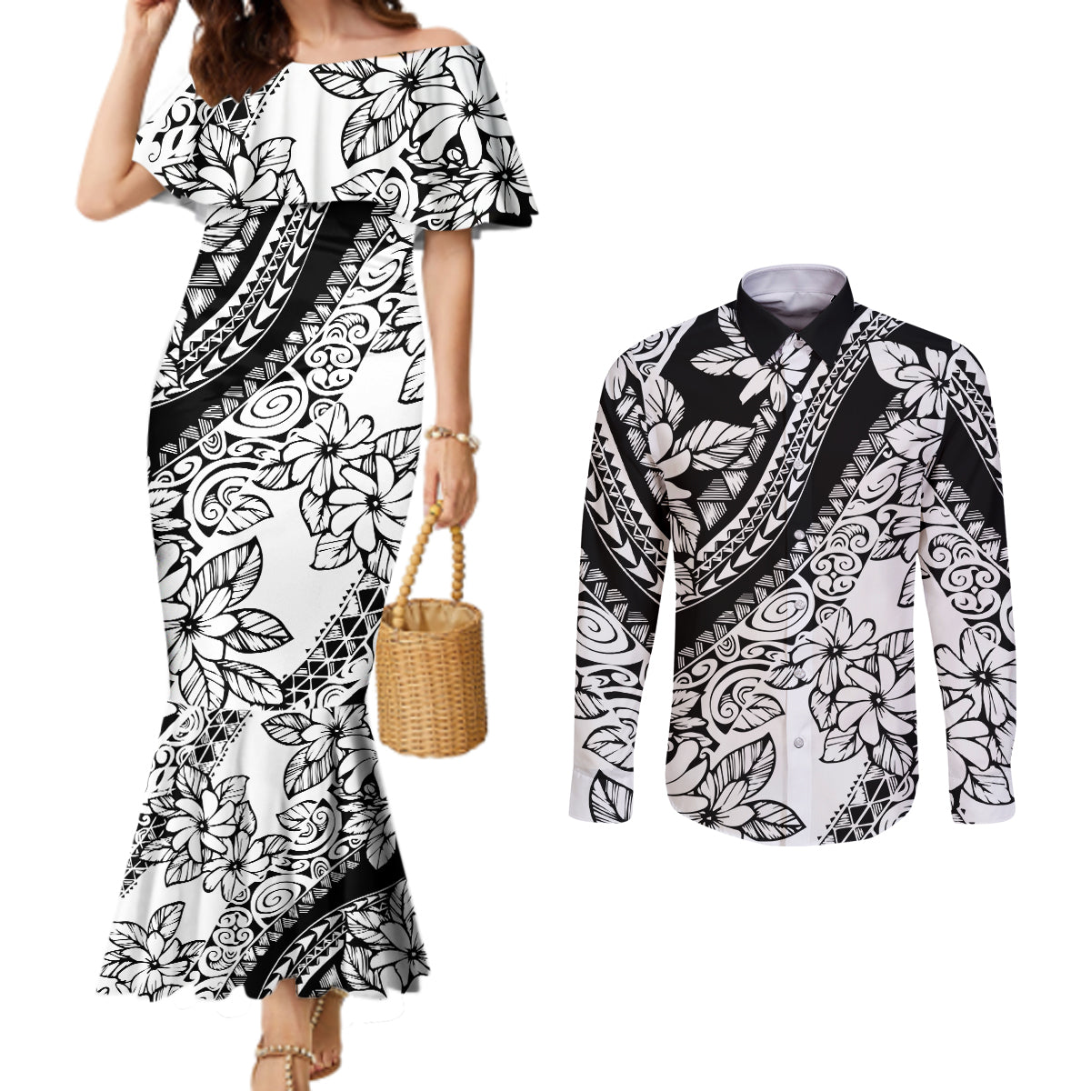 polynesia-couples-matching-mermaid-dress-and-long-sleeve-button-shirts-polynesian-tropical-flowers-black-pastel-vibes