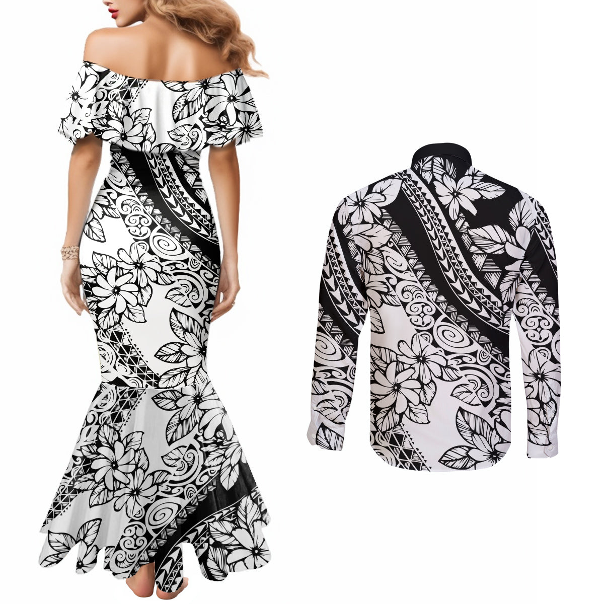 polynesia-couples-matching-mermaid-dress-and-long-sleeve-button-shirts-polynesian-tropical-flowers-black-pastel-vibes