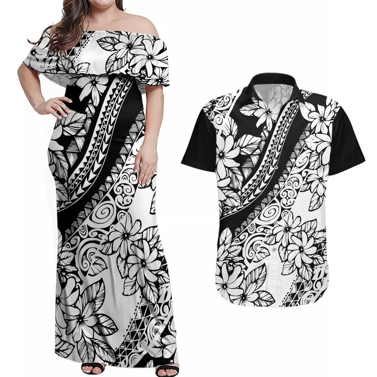 Polynesia Couples Matching Off Shoulder Maxi Dress and Hawaiian Shirt Polynesian Tropical Flowers Black Pastel Vibes - Wonder Print Shop