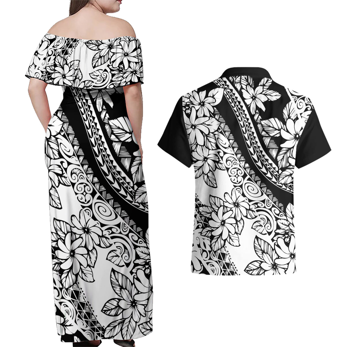 Polynesia Couples Matching Off Shoulder Maxi Dress and Hawaiian Shirt Polynesian Tropical Flowers Black Pastel Vibes - Wonder Print Shop