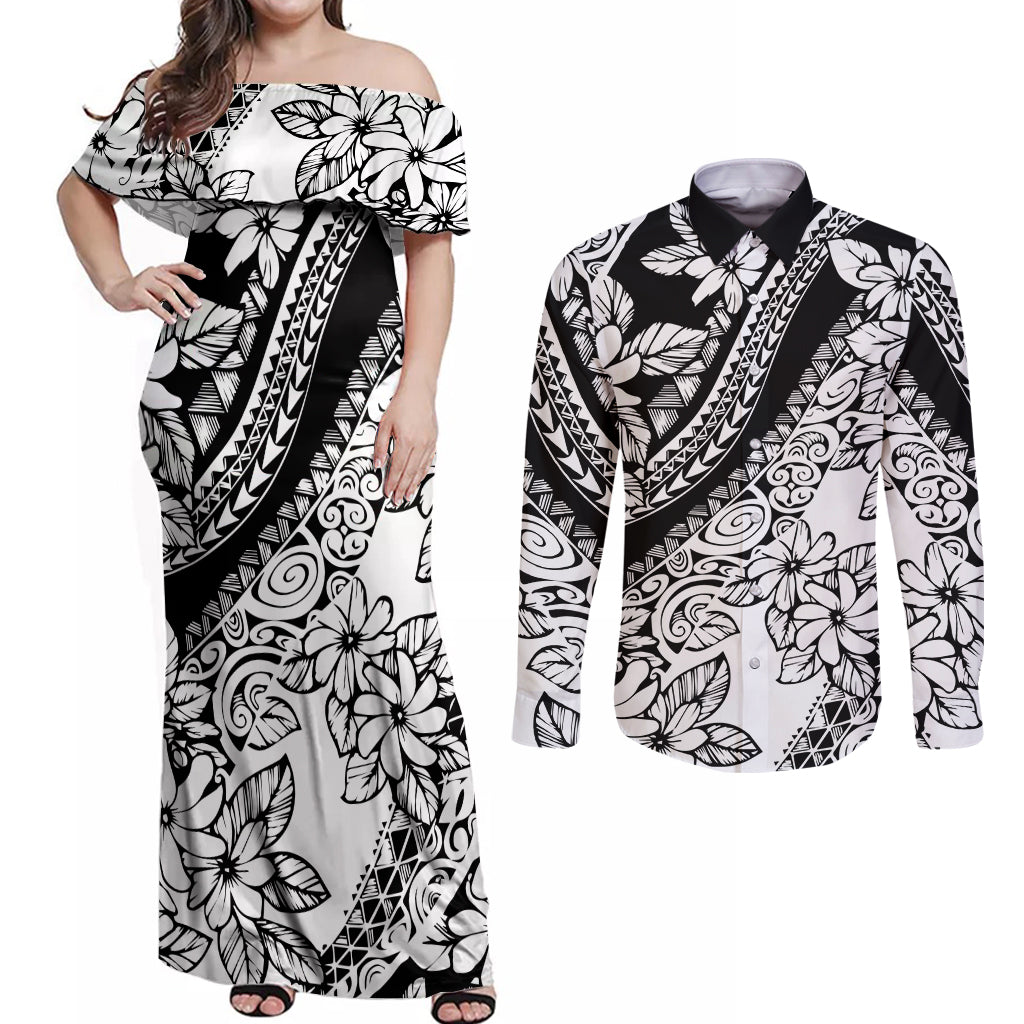 Polynesia Couples Matching Off Shoulder Maxi Dress and Long Sleeve Button Shirts Polynesian Tropical Flowers Black Pastel Vibes - Wonder Print Shop