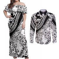 Polynesia Couples Matching Off Shoulder Maxi Dress and Long Sleeve Button Shirts Polynesian Tropical Flowers Black Pastel Vibes - Wonder Print Shop