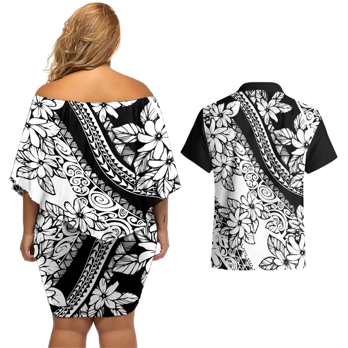 Polynesia Couples Matching Off Shoulder Short Dress and Hawaiian Shirt Polynesian Tropical Flowers Black Pastel Vibes - Wonder Print Shop