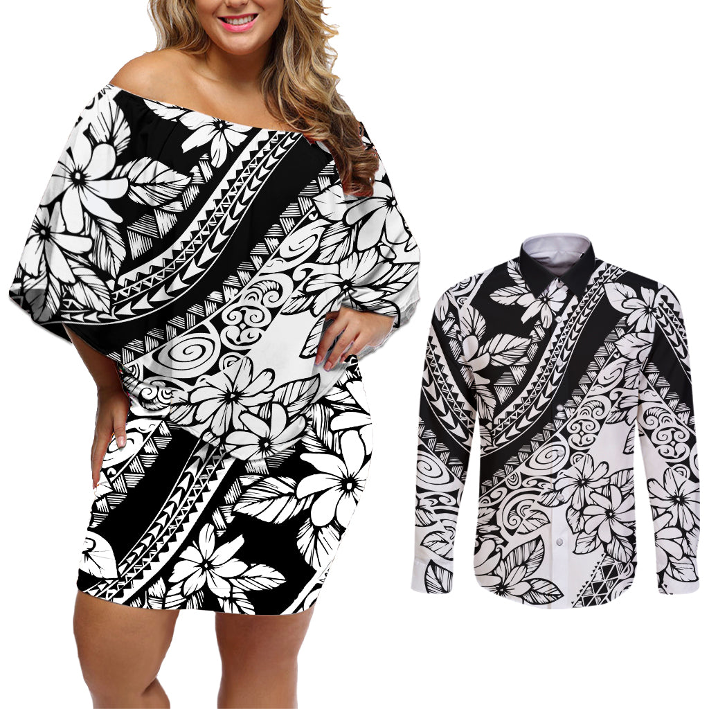 Polynesia Couples Matching Off Shoulder Short Dress and Long Sleeve Button Shirts Polynesian Tropical Flowers Black Pastel Vibes - Wonder Print Shop